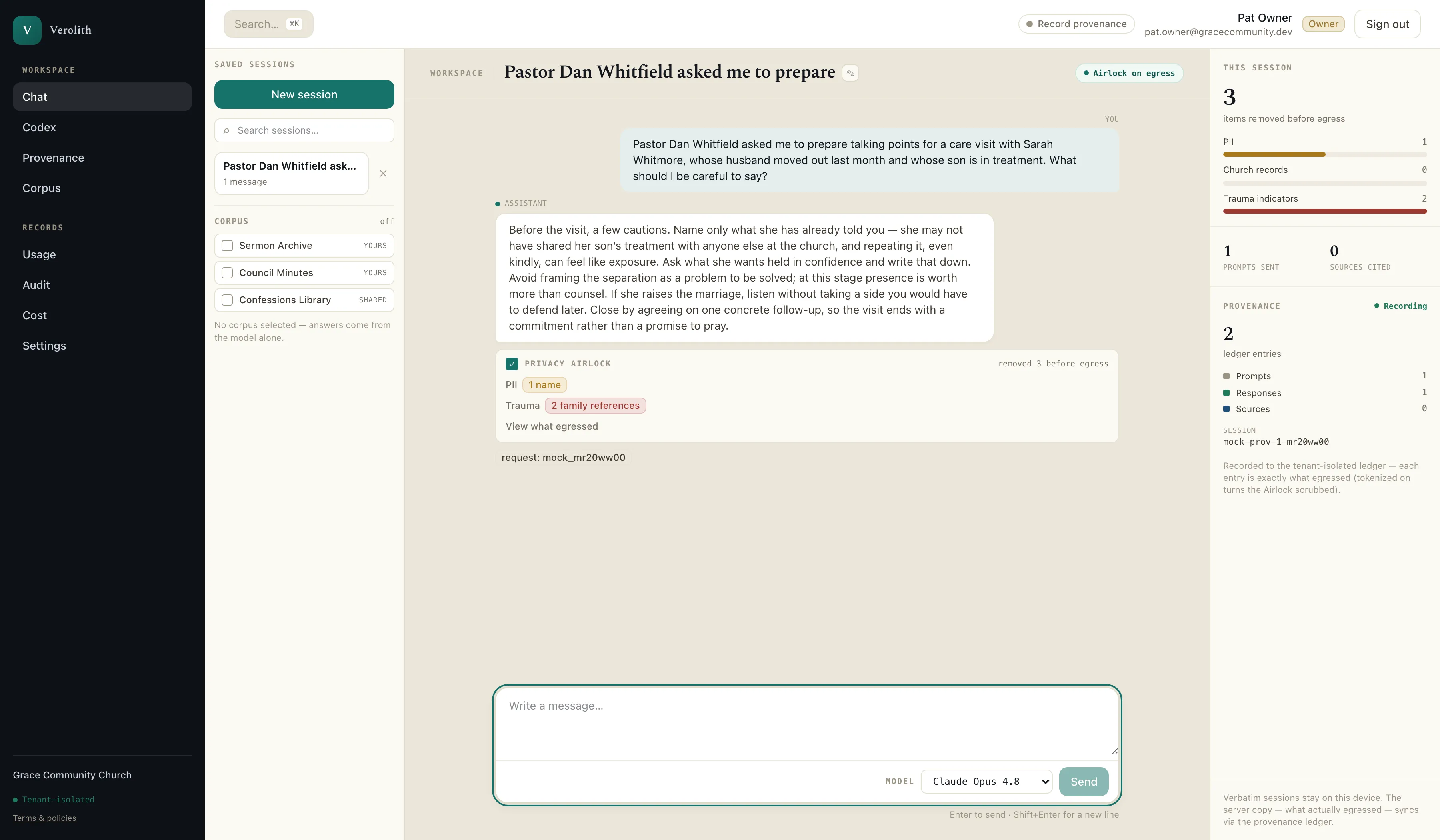 The Verolith chat surface. A staff prompt about a pastoral care visit sits above the assistant’s reply, while a right-hand panel reports three items removed before egress — one name and two family references — with the provenance ledger recording the turn.