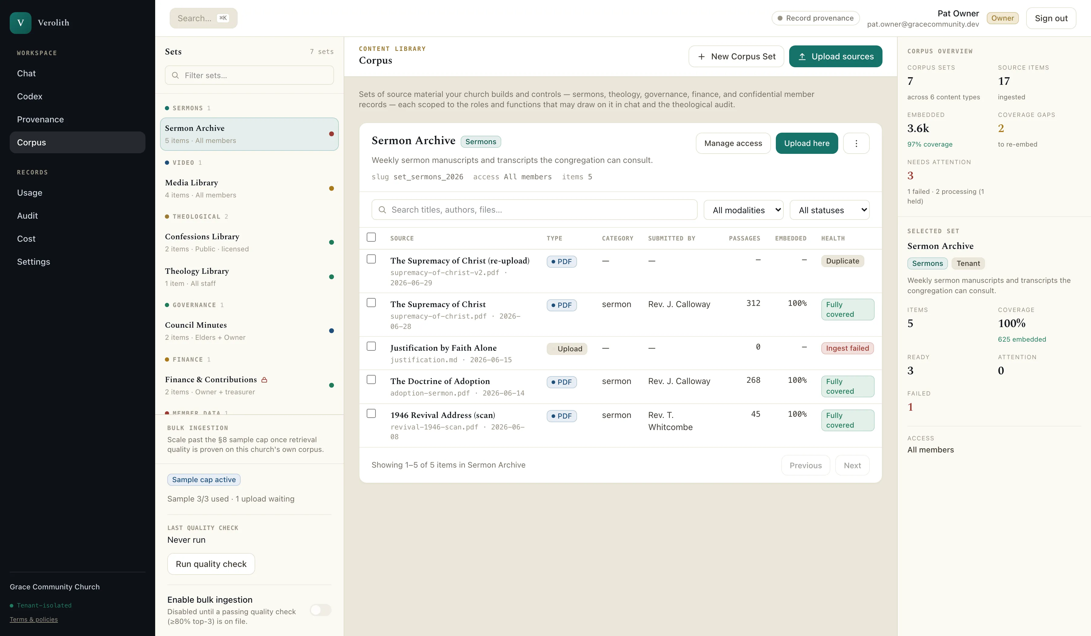 The Verolith corpus library showing seven content sets — sermon archive, media, confessions, governance, finance — with per-item ingestion status and a coverage overview panel.